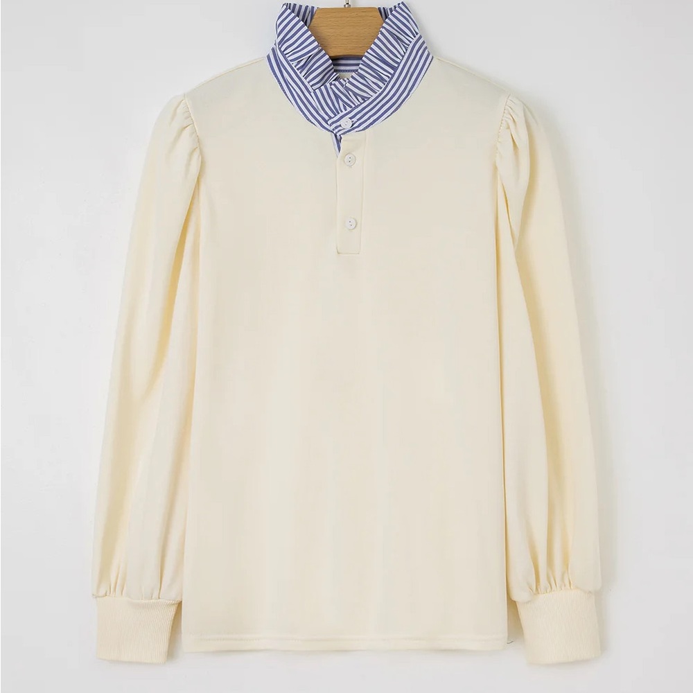 Light Yellow Striped Ruffle Collar Pullover - S (4 -6)